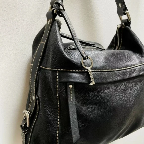 Fossil Black Pebbled Leather Hobo Satchel Tote Bag with Silver Key Charm - Picture 3 of 11